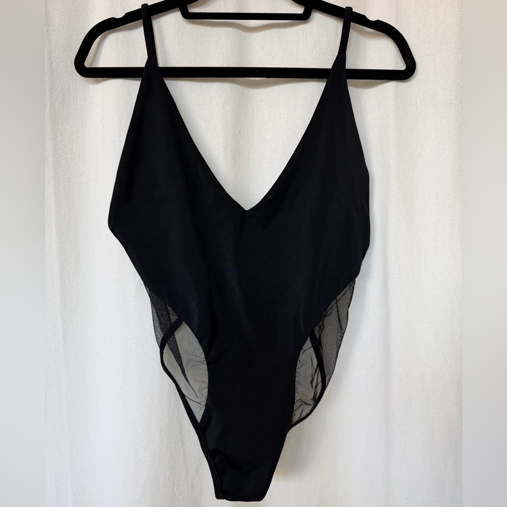 fae swim black one piece swimsuit with mesh paneling